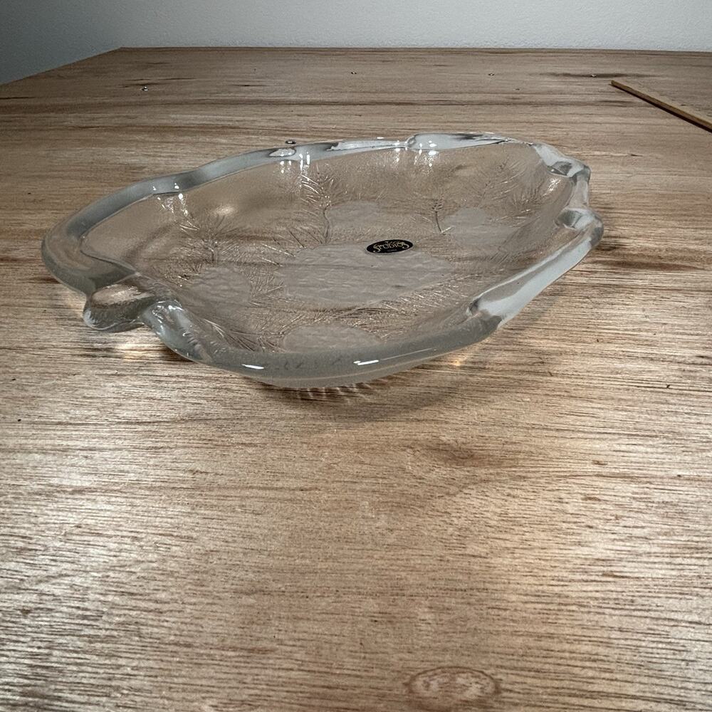 Vintage Crystal ClearStudio Frosted Leaf Shaped Glass Platter Bowl Make In Korea